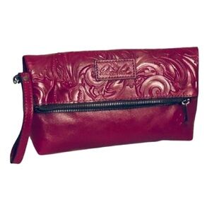 Red Tooled PATRICIA NASH Leather Floral Clutch Wristlet Purse Boho